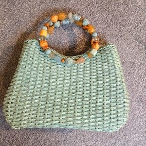 Beaded Handle Beach Turquoise Blue Woven Straw Bag EUC